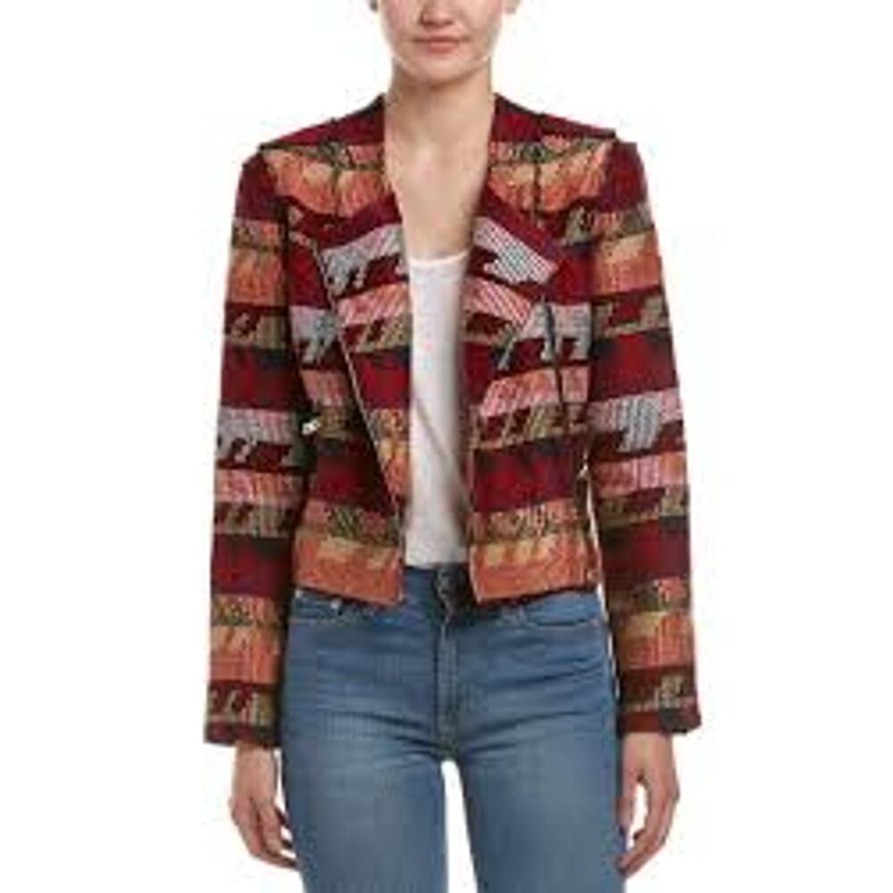 Maje Aztec Moto Jacquard Jacket Asymmetric Zip Front Sz 38 Medium Quiet Luxury - Picture 2 of 12